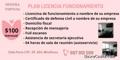 ALQUILER OFICINA VIRTUAL CON LICENCIA EN MIRAFLORES
