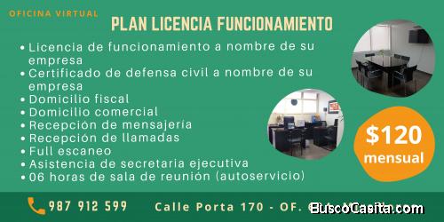 ALQUILER OFICINA VIRTUAL LICENCIA MUNICIPAL EN MIRAFLORES