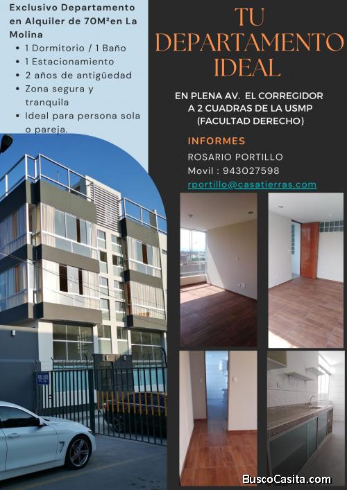 EXCLUSIVO DPTO EN ALQUILER 70M² 1 DORMITORIO 1 ESTACIONAMIENTO