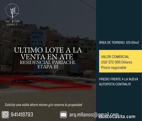 Vendo terreno en la Residencial Pariachi Etapa III - Ate. A 5 min de la carretera central
