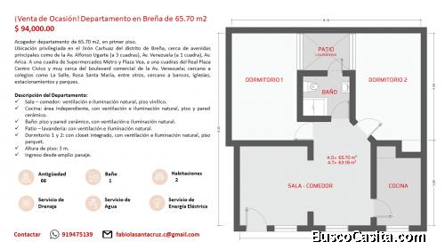 VENTA DE OCASION DPTO DE 65 M2, 1ER PISO EN BREÑA