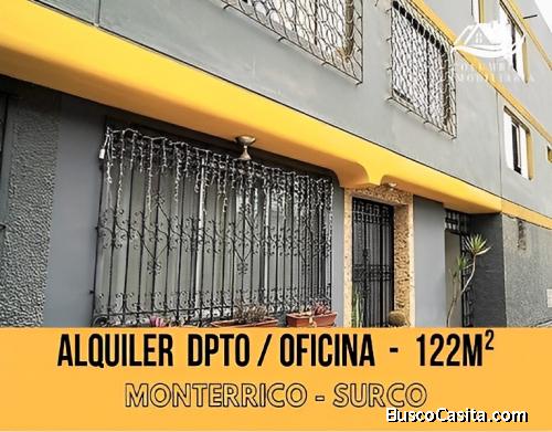 Surco MONTERRICO - Alquiler Departamento  Oficina en 2do.piso de 122m² con 3dormitorios