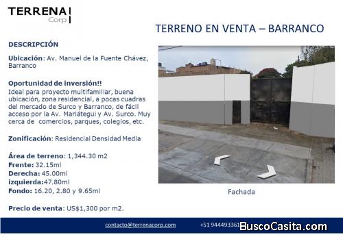 TERRENO EN VENTA BARRANCO, 1,344M2
