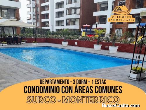 Surco MONTERRICO - Venta Departamento en condominio 3dorm + 1cochera (incluida) con Piscina, Gimnasi