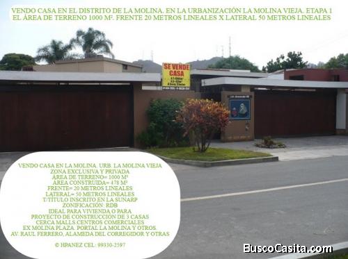 VENDO EN LA MOLINA. LOS JACARANDAS 146. CASA AREA 1000 M2. FRENTE 20 METROS LINEALES X LATERAL 50 M