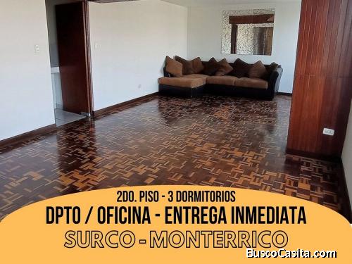 Surco MONTERRICO - Venta Departamento 2do. PISO de 3dorm + 122m2 Parque cerrado