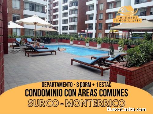 Surco MONTERRICO - Venta Departamento en condominio 3dorm + 1cochera (incluida) con Piscina, Gimnasi