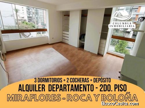 Miraflores Roca y Boloña - Alquiler Departamento 2do. Piso de 3dorm + 2cocheras + 1depósito