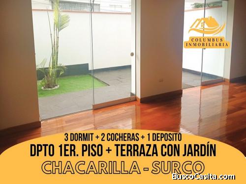 Surco CHACARILLA - Venta Departamento 1er. Piso con Terraza de 3dorm + 2estac + Deposito