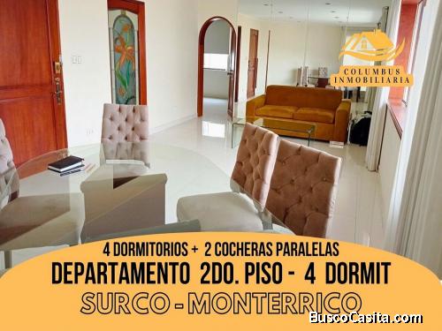 Surco MONTERRICO - Venta Departamento 2do. PISO - 140m² de 4Dorm+2Cocheras Paralelas Excelente ubica