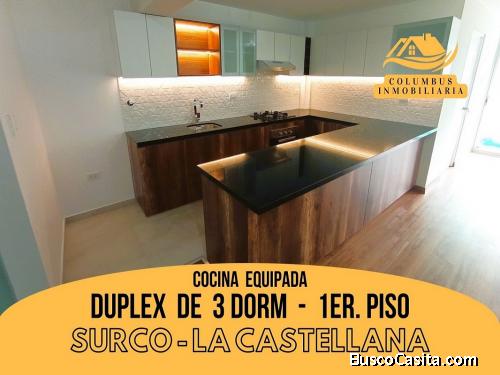 Surco LA CASTELLANA - Venta Dúplex DE ESTRENO 1er. Piso de 3dorm + 3baños + Cocina Equipada