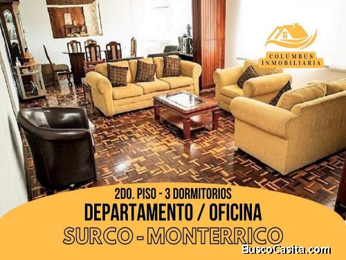 Surco MONTERRICO - Venta Departamento 2do. PISO de 3dorm + 122m2 Parque cerrado