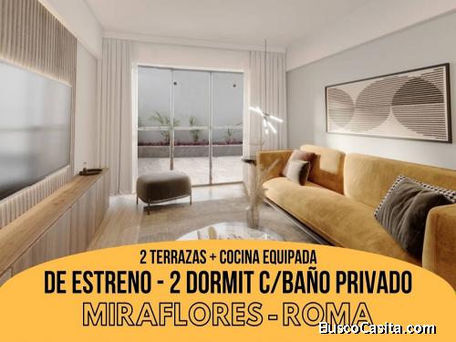 Miraflores - Venta Departamento DE ESTRENO 1er.Piso de 2dorm + 2Terrazas + Cocina Equipada + Patio +