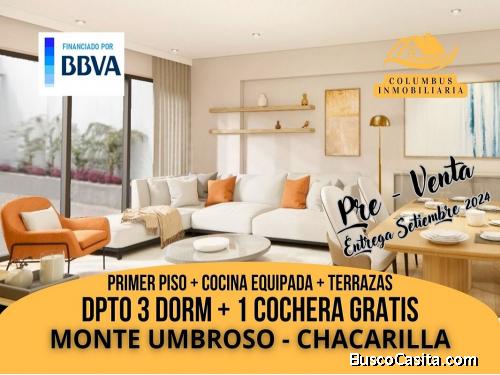 Surco CHACARILLA - Venta Departamento 1er. Piso de 3dormit + 1estac (Gratis) + 2Terrazas - Monte Umb