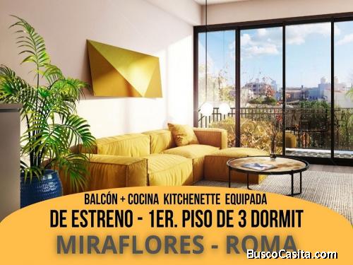 Miraflores - Venta Departamento DE ESTRENO en 1er. Piso de 3dorm cBalcón + Cocina Equipada (con Ter