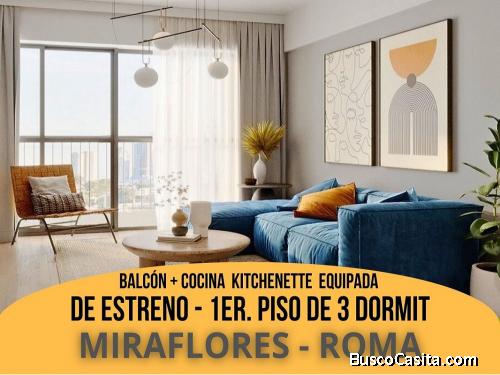 Miraflores - Venta Departamento DE ESTRENO en 1er. Piso de 3dorm cBalcón + Cocina Equipada (con Ter