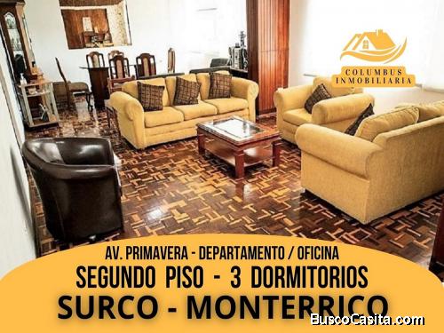 SURCO MONTERRICO - Departamento  Oficina 2do. Piso de 3dorm - 122m2 - PARQUE CERRADO