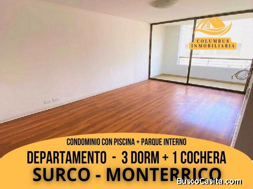 Surco MONTERRICO - Departamento en condominio 3dorm + 1cochera + 2balcones cPiscina, Gimnasio, Saun