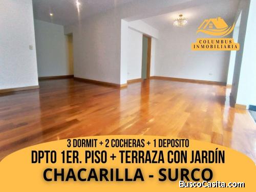 Surco CHACARILLA - Departamento 1er. Piso con Terraza de 3dorm + 2estac + Deposito