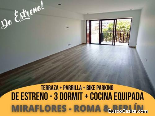 Miraflores - Departamento DE ESTRENO de 3dorm con Balcon + Cocina Equipada en 2do.piso con Terraza +