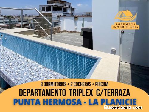 Punta Hermosa - TRIPLEX PENTHOUSE frente a Parque, 3dorm, 2balcones y Terraza con Piscina