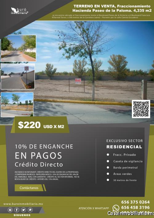 TERRENO EN ABONOS EN SECTOR RESIDENCIAL, Fracc. Hacienda Paseo de la Paloma. 4,335 m2 TRATO DIRECTO 