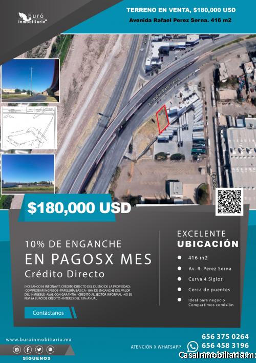 TERRENO EN VENTA, Av Rafael Perez Serna. 416 m2 en curva con Blvd. 4 Siglos EN PAGOS MENSUALES
