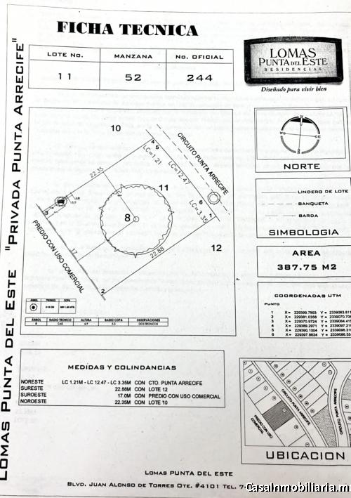 EXCELENTE TERRENO EN VENTA EN PUNTA ARRECIFE FRACC. LOMAS DE PUNTA DEL ESTE DE 387.75 M²
