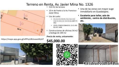 Terreno comercial en avenida javier mina en renta, casi esquina