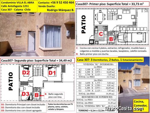 Venta Casa de dos pisos en condominio, 3 Dorm., 2 baños, 1 Est. en Calama