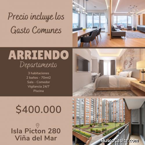 Arriendo año corrido Depto 3d-2b-70mt2 Isla Picton 280 cerca de Jumbo y Sto Tomas Viña del Mar 