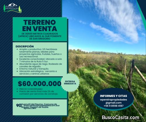 Predio de 3,5 hectáreas en Huenutil del Peumo, Ñiquén, Ñuble