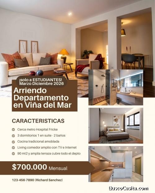 Arriendo marzo-dic 2026 depto 3d-2b Viña del Mar $700.000