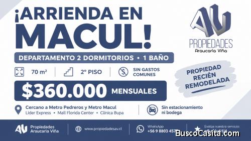 Arriendo Depto 2d-1b-70mt2 Comuna Macul RM $360.000