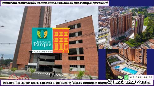 Arriendo habitación amoblada en edificio de Itagüí, a 2 cuadras del Parque ppal; incluye servicios