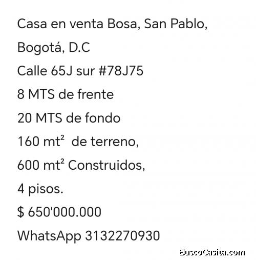 Venta casa Bosa San Pablo, Bogotá 