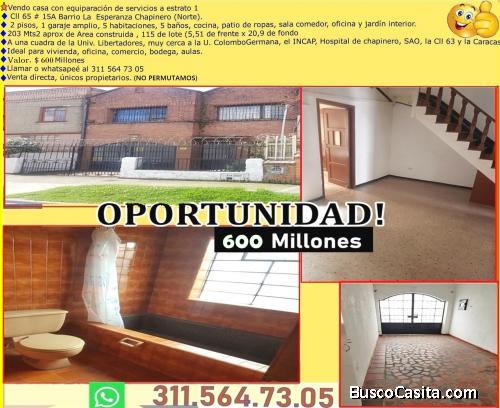 Vendo o Arriendo casa amplia e iluminada   -Cll 65 # 15A Barrio La Esperanza Chapinero (Norte). 