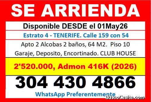 Arriendo Apartamento 2 Alcobas 64M2 Tenerife Alejandria 