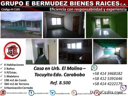 Casa Urb. El Molino-Tocuyito. 360 M2 de Terreno y 190M2 de Const. 