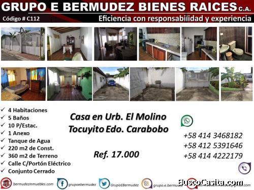 Casa Urb. El Molino-Tocuyito. 360 M2 de Terreno y 220 M2 de Const. 
