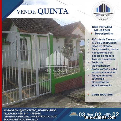 SKY GROUP BOCONO VENDE QUINTA EN URB PRIVADA MI JARDIN