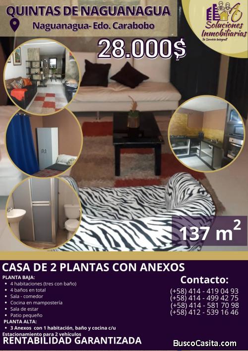 Casa de 2 Niveles con anexos en Res. Quintas de Naguanagua.