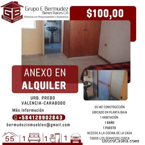 Grupo E Bermúdez Bienes Raíces alquila anexo de 1 habitación