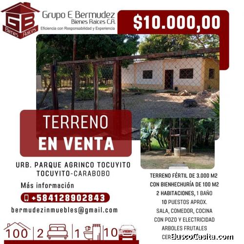 Terreno con bienhechuría en Urb. Parque Agrinco, Tocuyito. 3.000 m2 TE-TPA-OB-17