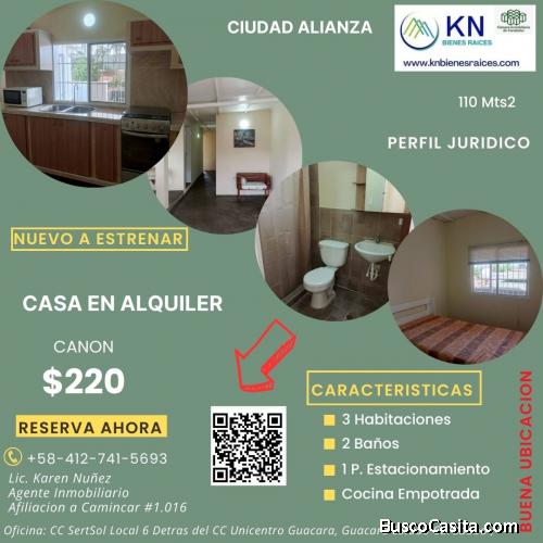 Casa En alquiler en el Segundo Nivel. Tercera Etapa de Ciudad Alianza Guacara Estado Carabobo