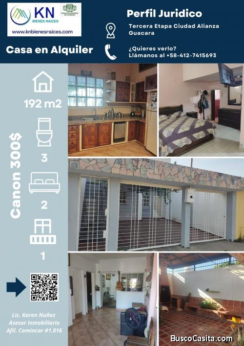 Casa en alquiler Tercera etapa de Ciudad Alianza Guacara Estado Carabobo