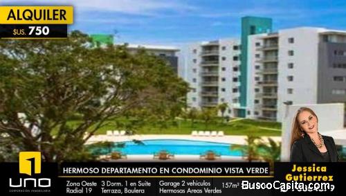 ALQUILER DE HERMOSO DEPARTAMENTO EN PLANTA BAJA CON VISTA A LA PISCINA EN CONDOMINIO VISTA VERDE.
