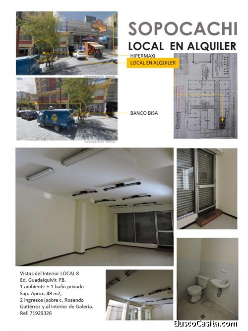 ALQUILO CENTRICO LOCAL LADO HIPERMAXI/AV ROSENDO GUTIERREZ SOPOCAHI