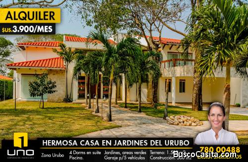 HERMOSA CASA EN ALQUILER EN CONDOMINIO JARDINES DEL URUBO