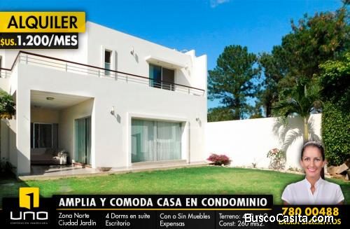 HERMOSA CASA EN ALQUILER EN CONDOMINIO CIUDAD JARDIN